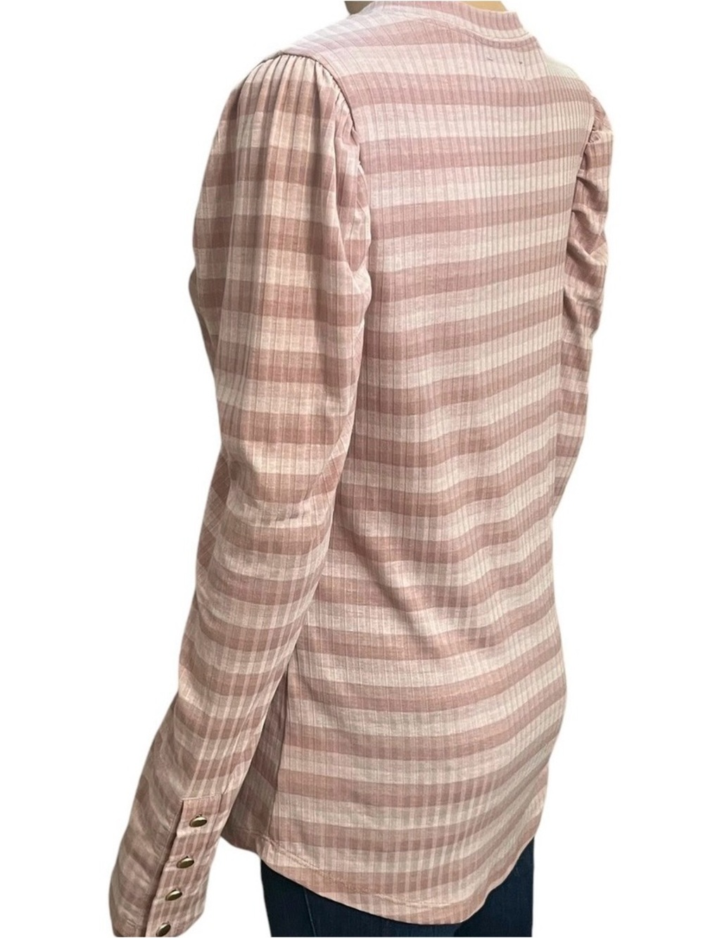 Anthropologie Puff Sleeve Pink Striped Ribbed Long Sleeve Top, Size Large